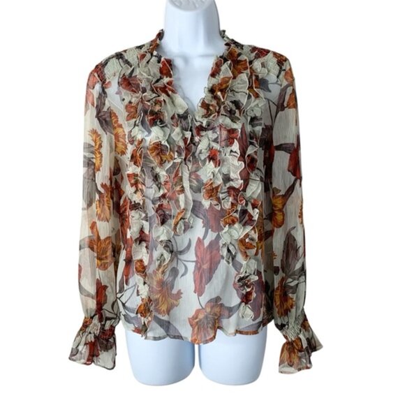 Zara Women’s Blouse Fall Leaf Ruffle Long Sleeve Peasant Flutter Sleeve Sheer M - Picture 2 of 16